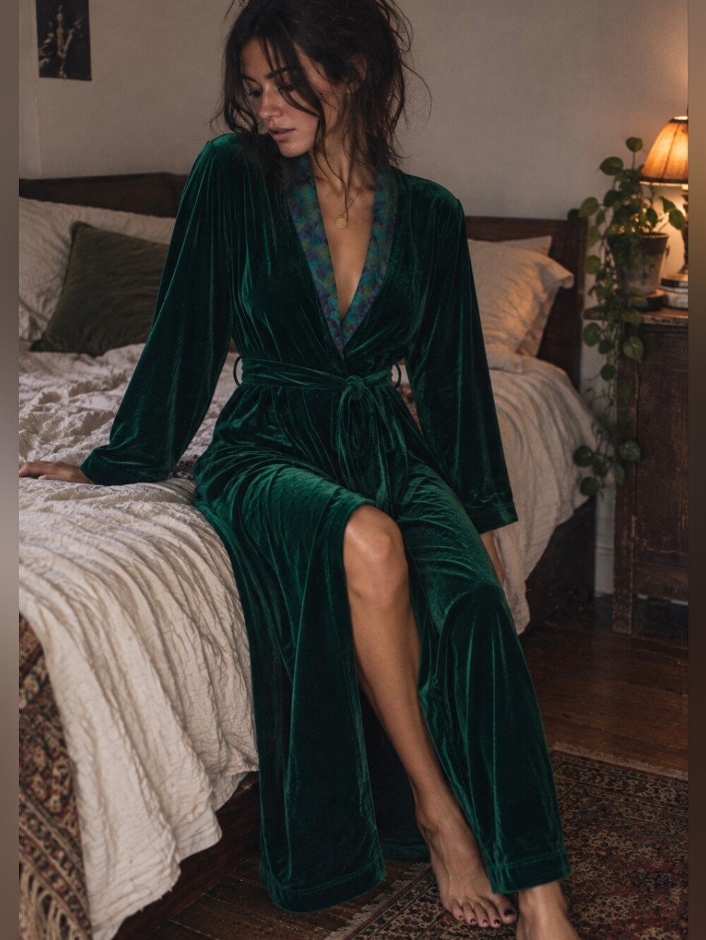 Vintage Sophia Morgan Emerald Velvet Watercolor Collar Robe